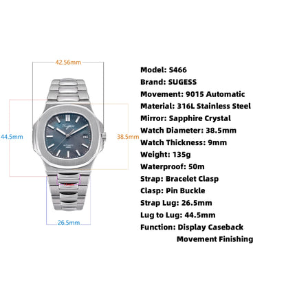 Reloj de hombre Sugess automático mecánico, movimiento Miyota 9015, esfera MOP, luminoso, resistente al agua 5bar, brazalete de lujo S466