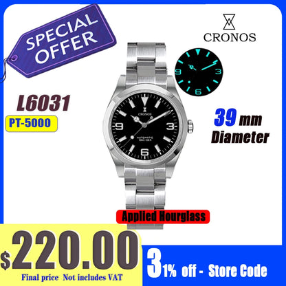 Cronos EX Diver Mechanical Men's Watch 39mm Automatic PT5000 / Miyota 90S5 Sapphire Glass Bushed Bracelet Glide Clasp 10 ATM L6031