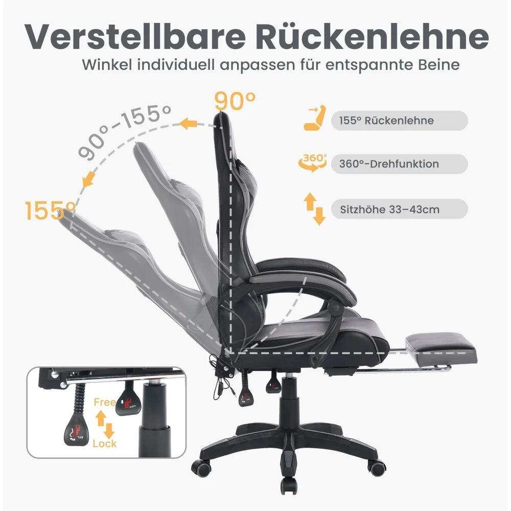 Ergonomic Rotating Gaming Chair, 360° Reclining Office Chair, Pivoting, Height-Adjustable, Footrest, Headrest
