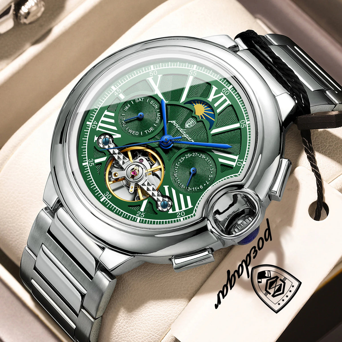 POEDAGAR luksuzni muški sat – automatski mehanički model s prikazom datuma i dana, kožni remen, tourbillon, vodootporan, elegantan i profesionalan stil.
