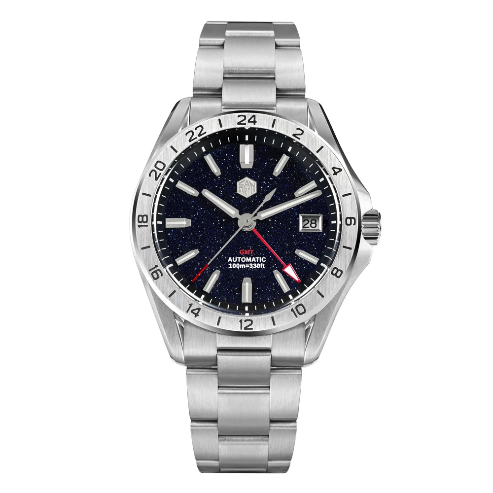 Relógio de Luxo para Homem San Martin 39mm com Mostrador em Pedra Aventurina, NH34 GMT Automático Mecânico, Safira, Impermeável e Luminescente SN0129