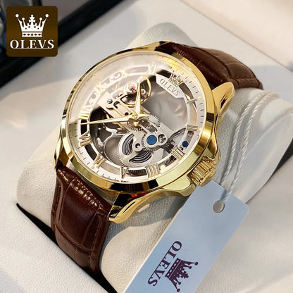 Reloj mecánico automático para hombre OLEVS 6661 – Modelo esqueleto totalmente transparente con volante a la vista, correa de piel, reloj de lujo original para hombre