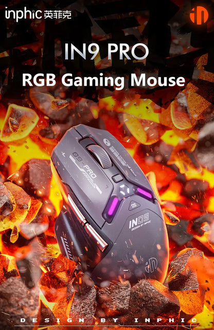 Ratón gaming inalámbrico Inphic IN9PRO 26000DPI, tasa de sondeo 8K, Bluetooth 5.0, con cable, 2.4G, trimodo, RGB, ergonómico