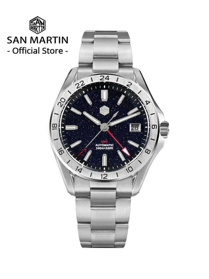 Relógio de Luxo para Homem San Martin 39mm com Mostrador em Pedra Aventurina, NH34 GMT Automático Mecânico, Safira, Impermeável e Luminescente SN0129
