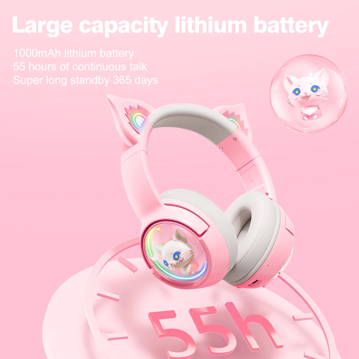 ONIKUMA B5 Wireless Gaming Headset with Cat Ears, Surround Sound Over-Ear Headphones with Microphone for PC, Laptop & Gaming
