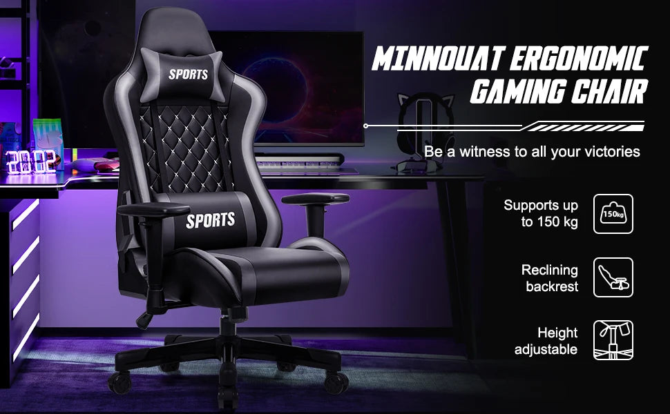 Daccormax Ergonomic Gaming Chair with Lumbar Support, 170° Reclining Office Chair, Adjustable Armrests, Comfortable Computer Chair for Work & Gaming
