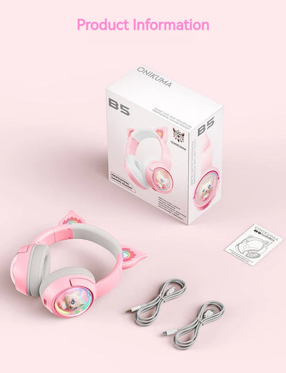 ONIKUMA B5 Wireless Gaming Headset with Cat Ears, Surround Sound Over-Ear Headphones with Microphone for PC, Laptop & Gaming