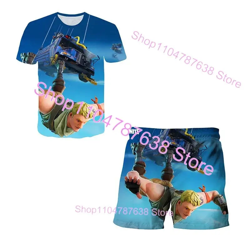 2PCS Suits F-Fortnited Victory 3D T-shirt Shorts Kids Tops Girls Boys Battle Royale Clothes Harajuku Tees Hero Children T Shirt