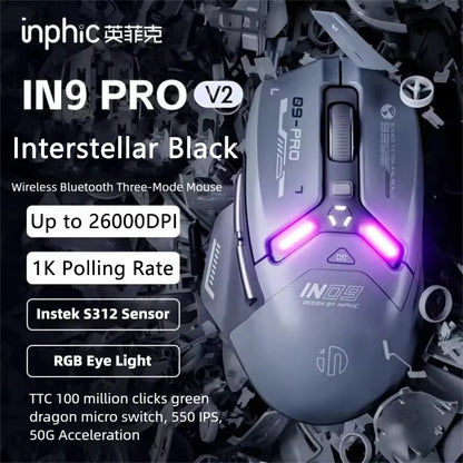 Ratón gaming inalámbrico Inphic IN9PRO 26000DPI, tasa de sondeo 8K, Bluetooth 5.0, con cable, 2.4G, trimodo, RGB, ergonómico