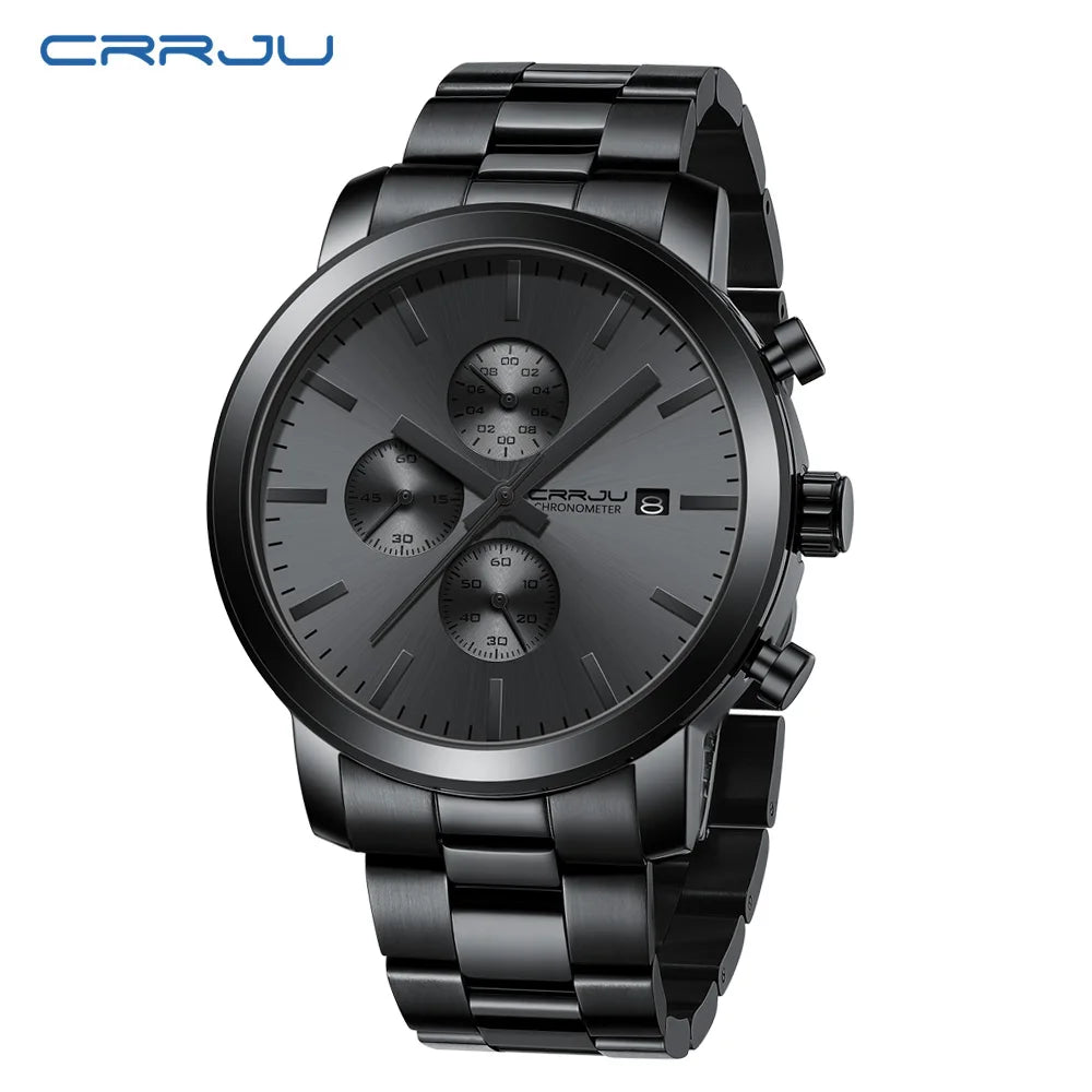 Herrenuhr CRRJU – Chronograph aus Edelstahl, wasserdicht, mit Datumsanzeige, analogem Quarzwerk, eleganter und professioneller Stil