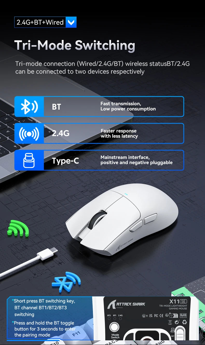 ATTACK SHARK X11 X11 SE Wireless Gaming Mouse 22K DPI PAW3311 63g Lightweight Tri-Mode Bluetooth/2.4G/Wired 20M Clicks RGB