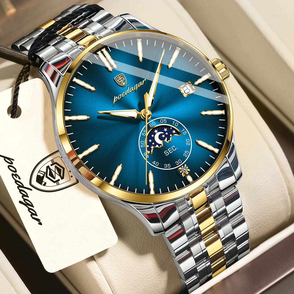 Montre homme de luxe POEDAGAR, style décontracté, en acier inoxydable, à quartz, étanche, lumineuse, avec date, élégante.