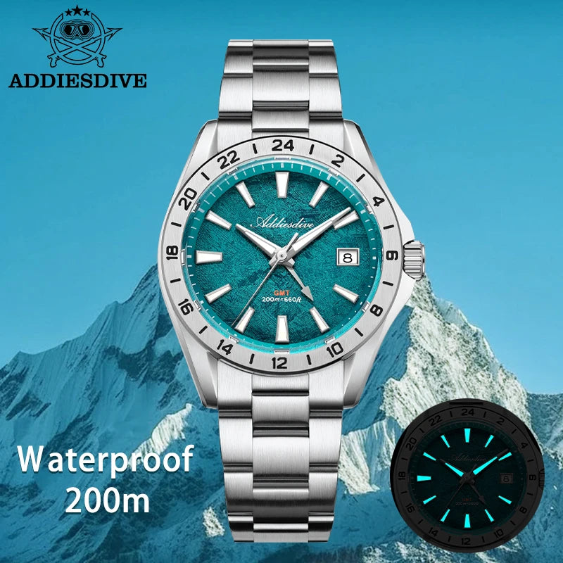 ADDIESDIVE GMT Men Quartz Watch Sapphire Crystal Swiss Ronda 515-24H Dual Time BGW9 Super Luminous 20Bar Waterproof Diver Watch