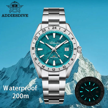 ADDIESDIVE GMT Men Quartz Watch Sapphire Crystal Swiss Ronda 515-24H Dual Time BGW9 Super Luminous 20Bar Waterproof Diver Watch