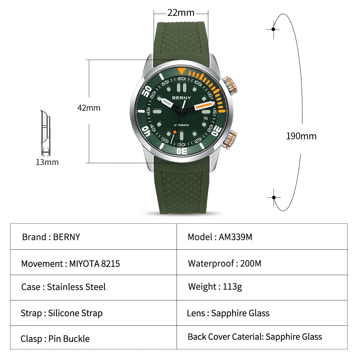 BERNY Automatic Dive Watch for Men Super Luminous 20ATM Diver Wristwatch Original Top Sapphire Swim Sport Mechanical Male Watch