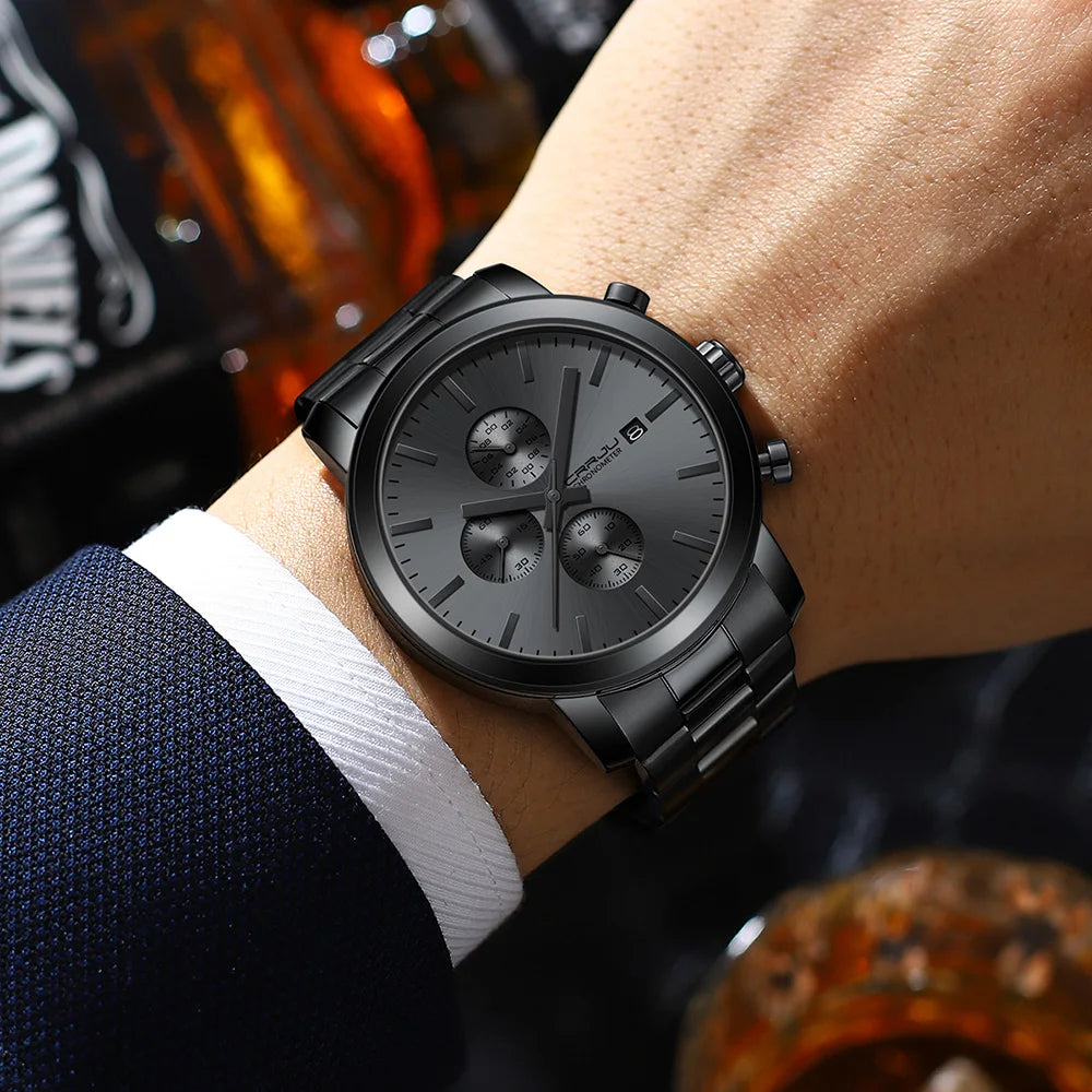 Herrenuhr CRRJU – Chronograph aus Edelstahl, wasserdicht, mit Datumsanzeige, analogem Quarzwerk, eleganter und professioneller Stil