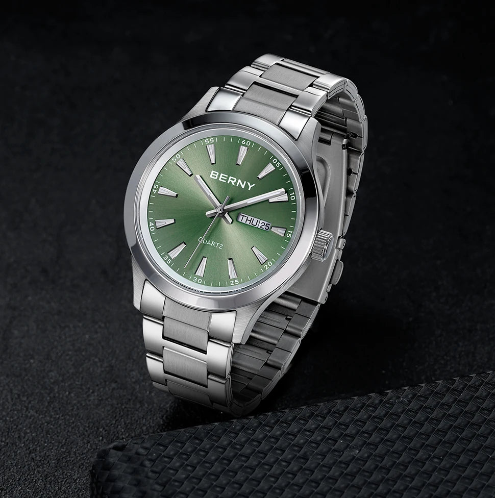 BERNY Men Quartz Watch  Fashion Texture Wristwatch for Men Ultra Thin Men Watch Calendar Luminous Stainless Steel Dress Watches