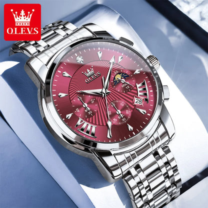 OLEVS Brand Fashion Red Watch For Men Luxury Sport Waterproof Stainless Steel Chronograph Quartz Watches Mens Relogio Masculino