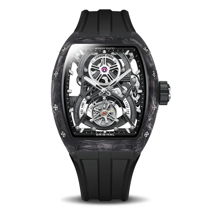 BONEST GATTI Men Automatic Mechanical Watch Skeleton Dial Sapphire Crystal Fluororubber Strap Waterproof Luminous Business watch