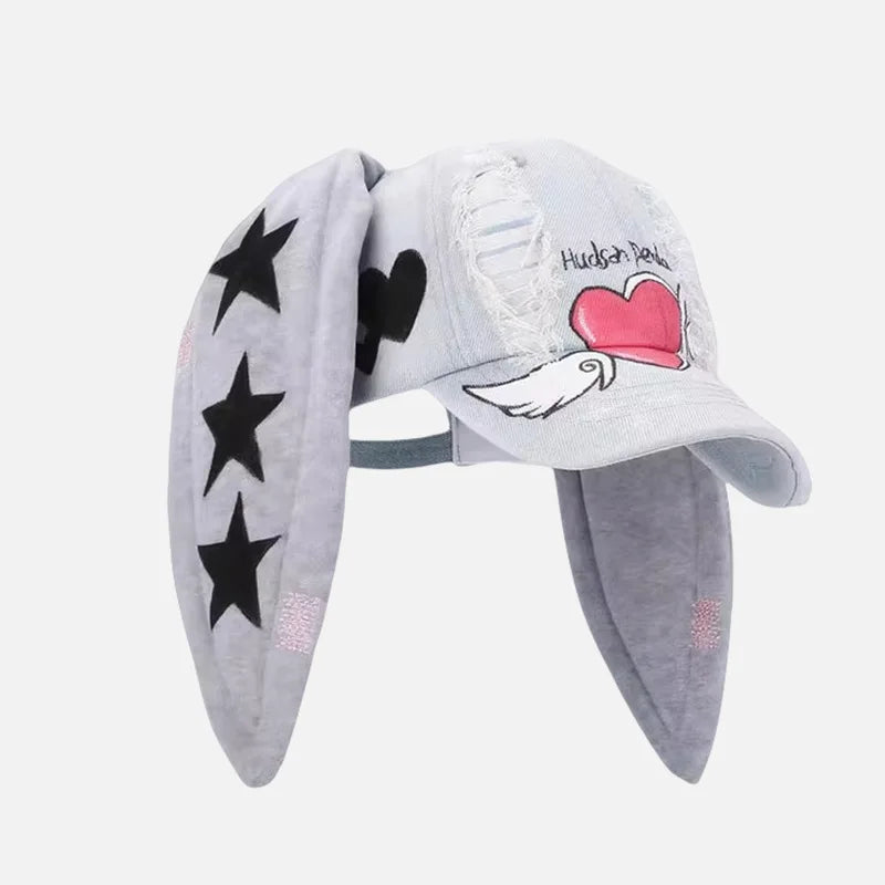Celebrity-Inspired Niche Rabbit Ear Denim Ripped Baseball Cap Washed Graffiti Hip-Hop Sun Hat Trendy Cap