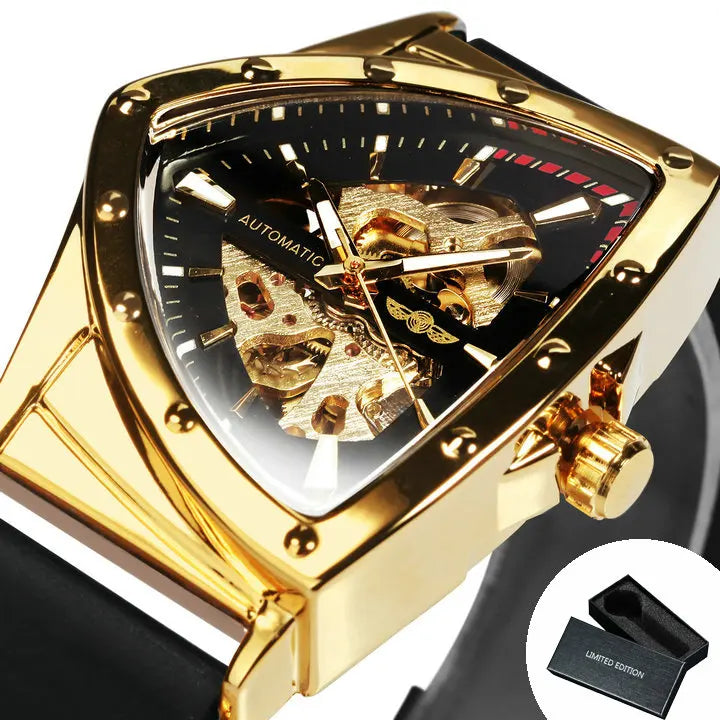 Orologio automatico da uomo WINNER, design scheletrato triangolare, lancette luminescenti, cinturino in gomma, stile militare, orologio meccanico di lusso