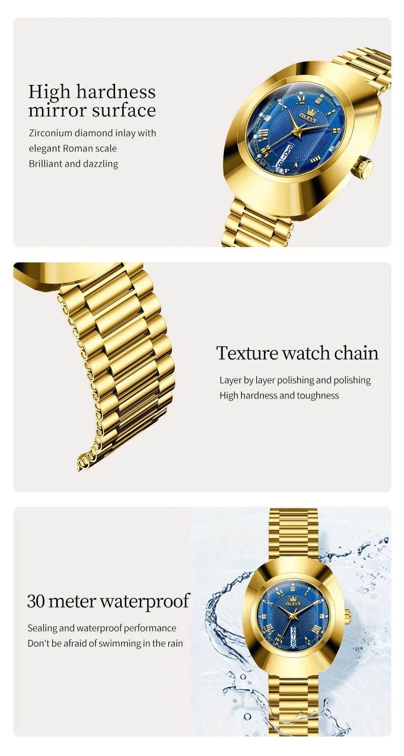 OLEVS Golden Quartz Watch for Women Fashion Elegant Tungsten Steel Case Waterproof Wristwatches Luxury Original Ladies Watch New