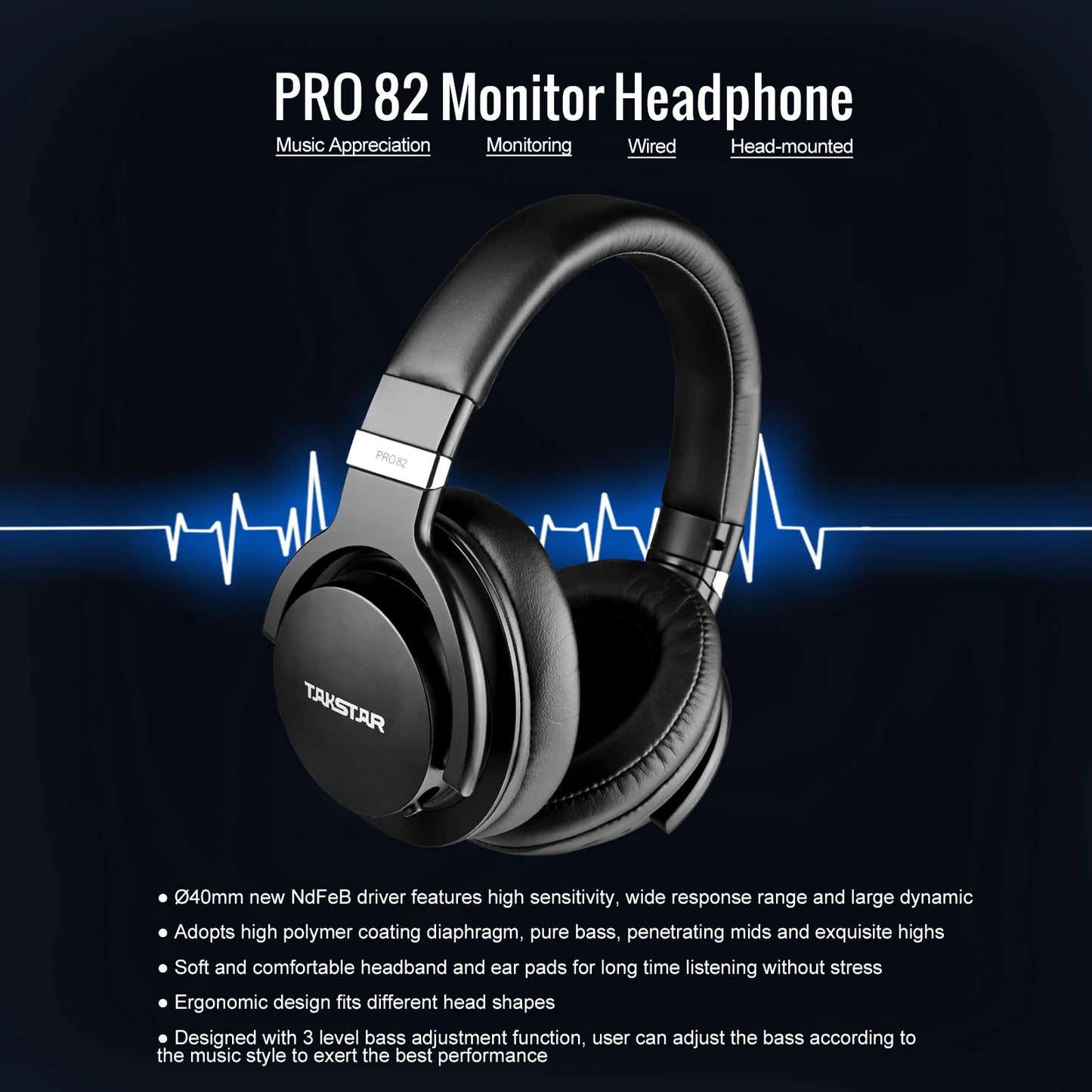 Takstar PRO82 Professional Monitor Headphones – HiFi Stereo Wired Studio Headset for Recording, Gaming & Bass Adjustable Precision Sound