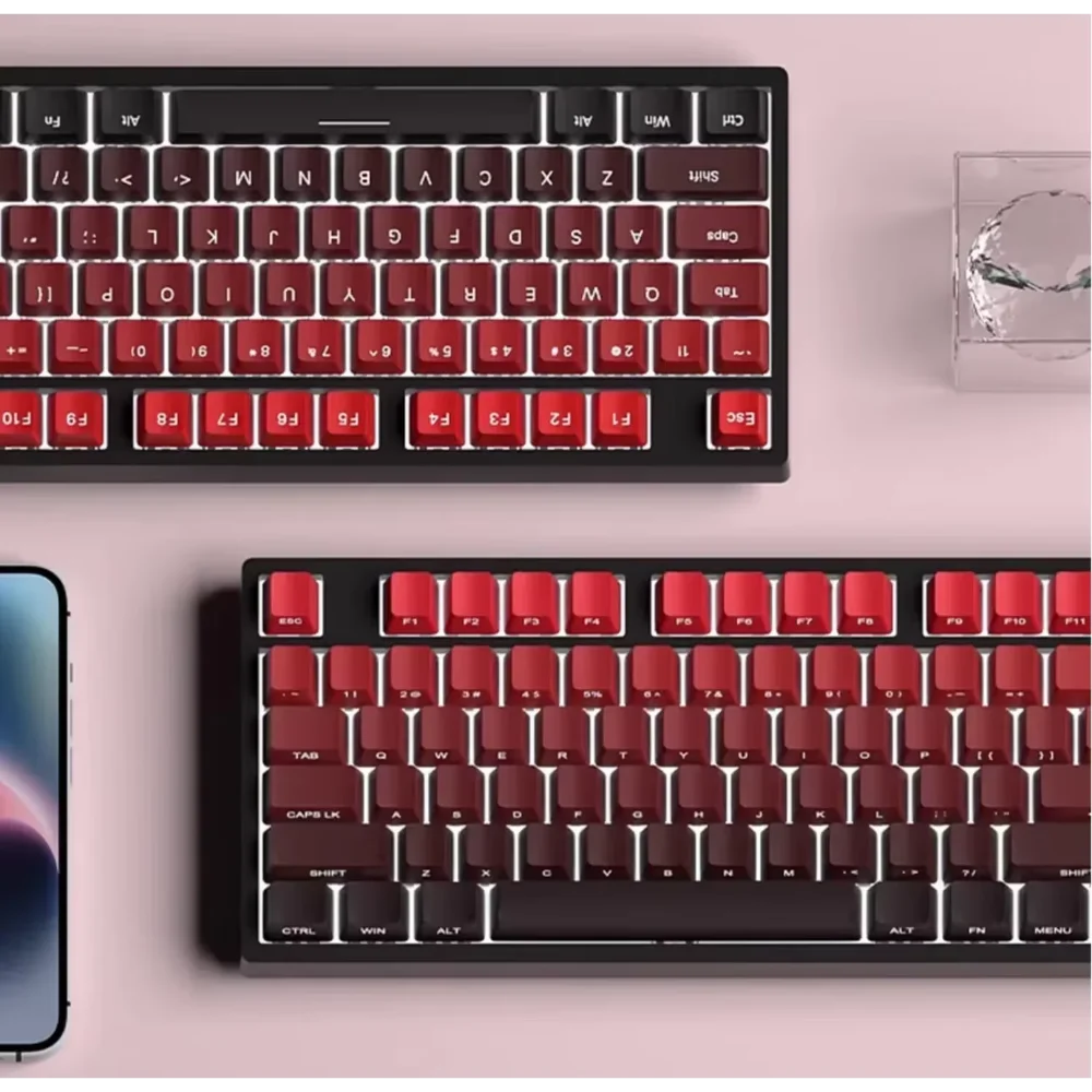 Novas Keycaps para Teclado Mecânico Gaming 60/64/84/98/108 com Switch MX, 135 Teclas OEM PBT, Gravação Lateral, Gradiente Vermelho e Preto