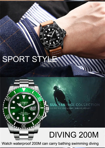 LOREO Original Men Business Watch 20ATM Waterproof Wristwatch Top Brand Casual Sport Seagull Automatic Mechanical Watch Men