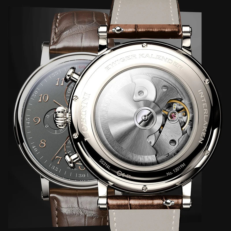 Relógio masculino mecânico automático LOBINNI Luxury Brand Switzerland com calendário perpétuo, vidro de safira e mostrador multifunções L13019-8