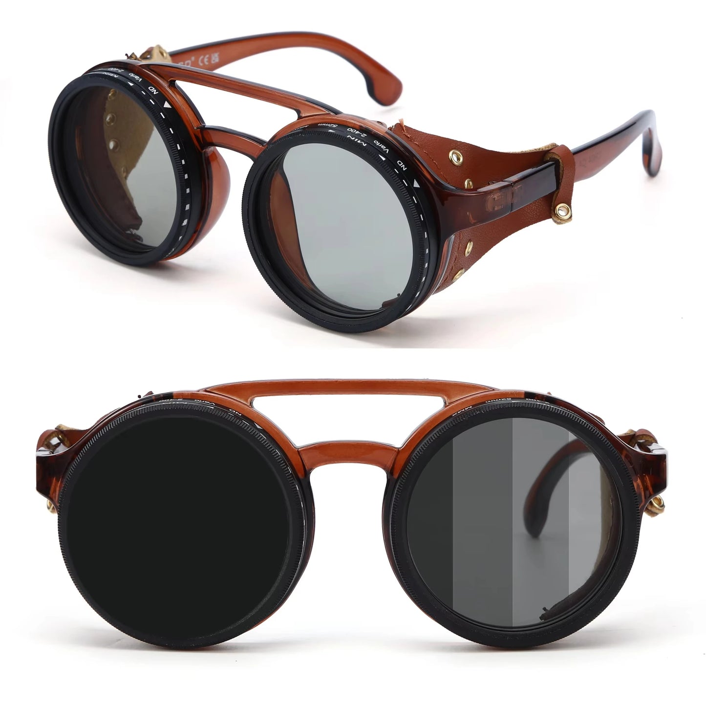 Adjustable 9-Gear ND Filter Steampunk Sunglasses UV400 Round Retro Punk Sun Glasses with Side Shields Leather Patch for Men Wome