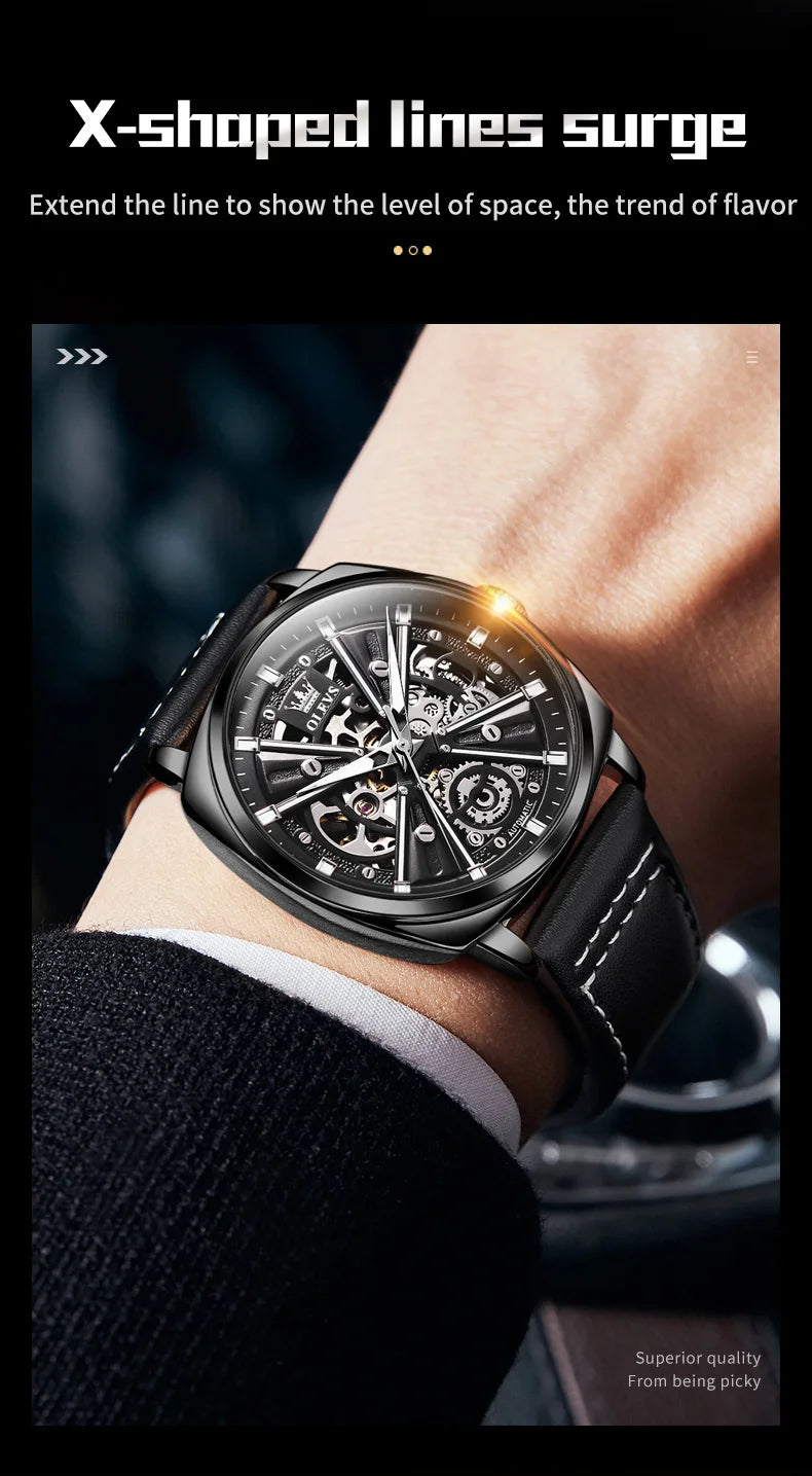 OLEVS 6685 Men's Watches Mechanical Wristwatch 30m Waterproof Luminous Leather Strap Original Man Watch