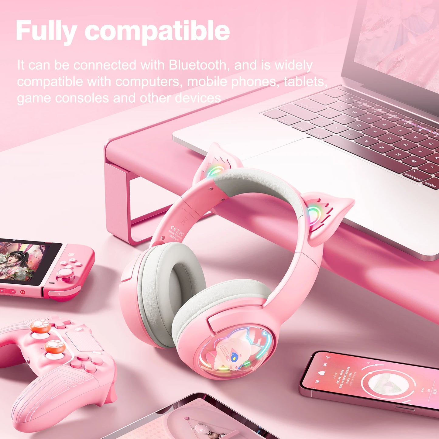 ONIKUMA B5 Wireless Gaming Headset with Cat Ears, Surround Sound Over-Ear Headphones with Microphone for PC, Laptop & Gaming