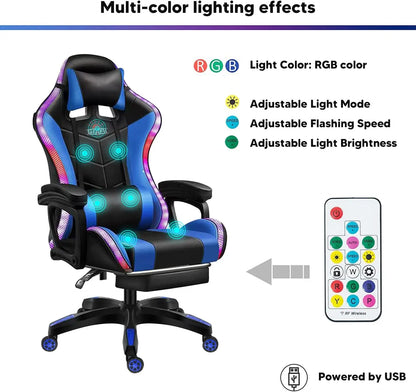 RGB Gaming Chair Ergonomic Massage Chair with LED Lights, Bluetooth Speakers, Footrest, Lumbar Support, Reclining High Back E-Sports Chair