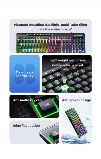 ONIKUMA G32 Wired Gaming Keyboard with RGB Backlit Matte Key Caps 104 Keys Membrane Gaming Keyboards for PC Gamer