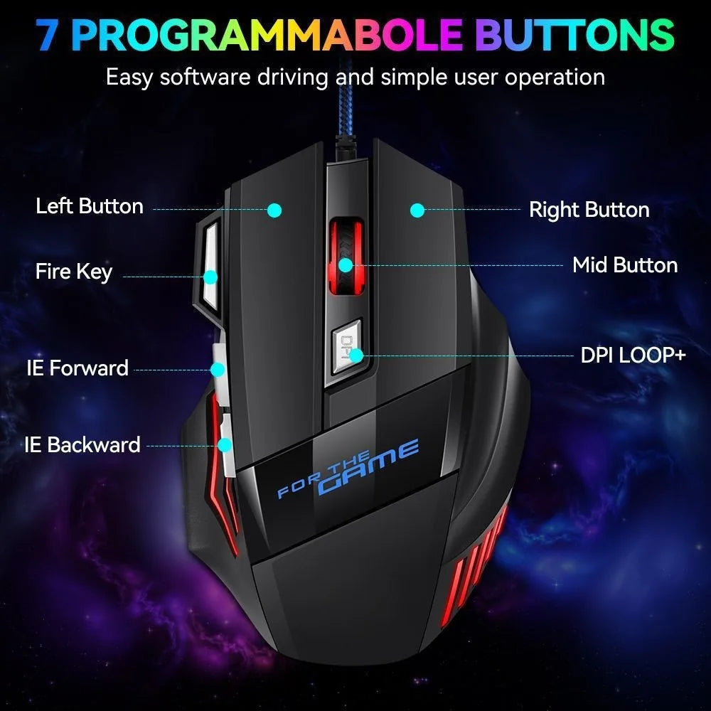 1 mouse da gaming USB Hyperspeed nuovo per PC, retroilluminato RGB, ergonomico, mouse da gaming 7D per eSport, cablato, per laptop e PC gamer