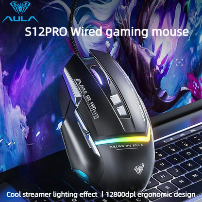 AULA S12Pro káblová mechanická myš 1000HZ 12800DPI RGB s nízkou latenciou, programovateľnými makrami – e-športová herná myš, príslušenstvo pre PC hráčov