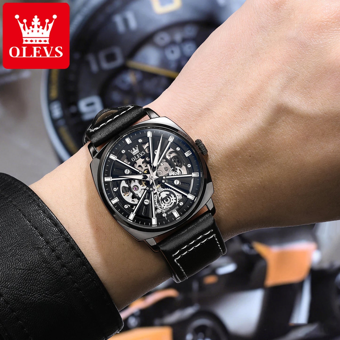 OLEVS 6685 Men's Watches Mechanical Wristwatch 30m Waterproof Luminous Leather Strap Original Man Watch