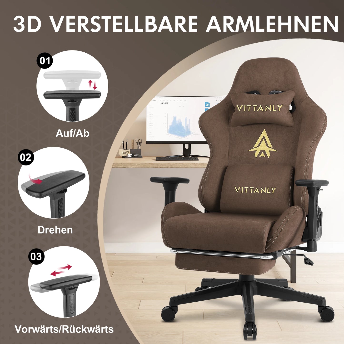 HAPIHAPPY Fashion Gaming Chair Genuine Leather Computer Office Chair with Footrest, Pocket Spring Cushion, Linkage Armrests, Ergonomic Game Chair