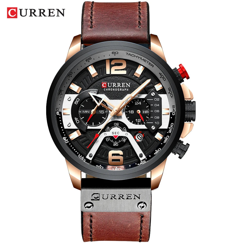 CURREN 8329 herreur – Afslappet sportsstil, militærinspireret design, læderrem, trendy kronograf, luksusur fra et kendt mærke