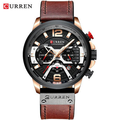 CURREN 8329 herreur – Afslappet sportsstil, militærinspireret design, læderrem, trendy kronograf, luksusur fra et kendt mærke