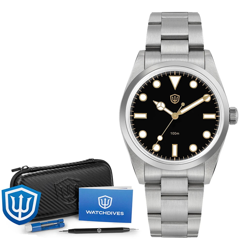 Relógio Watchdives WD1016 V3 37mm com movimento VH31 Sweep em aço inoxidável, safira de luxo, impermeável 100m, relógio para homem com caixa de oferta