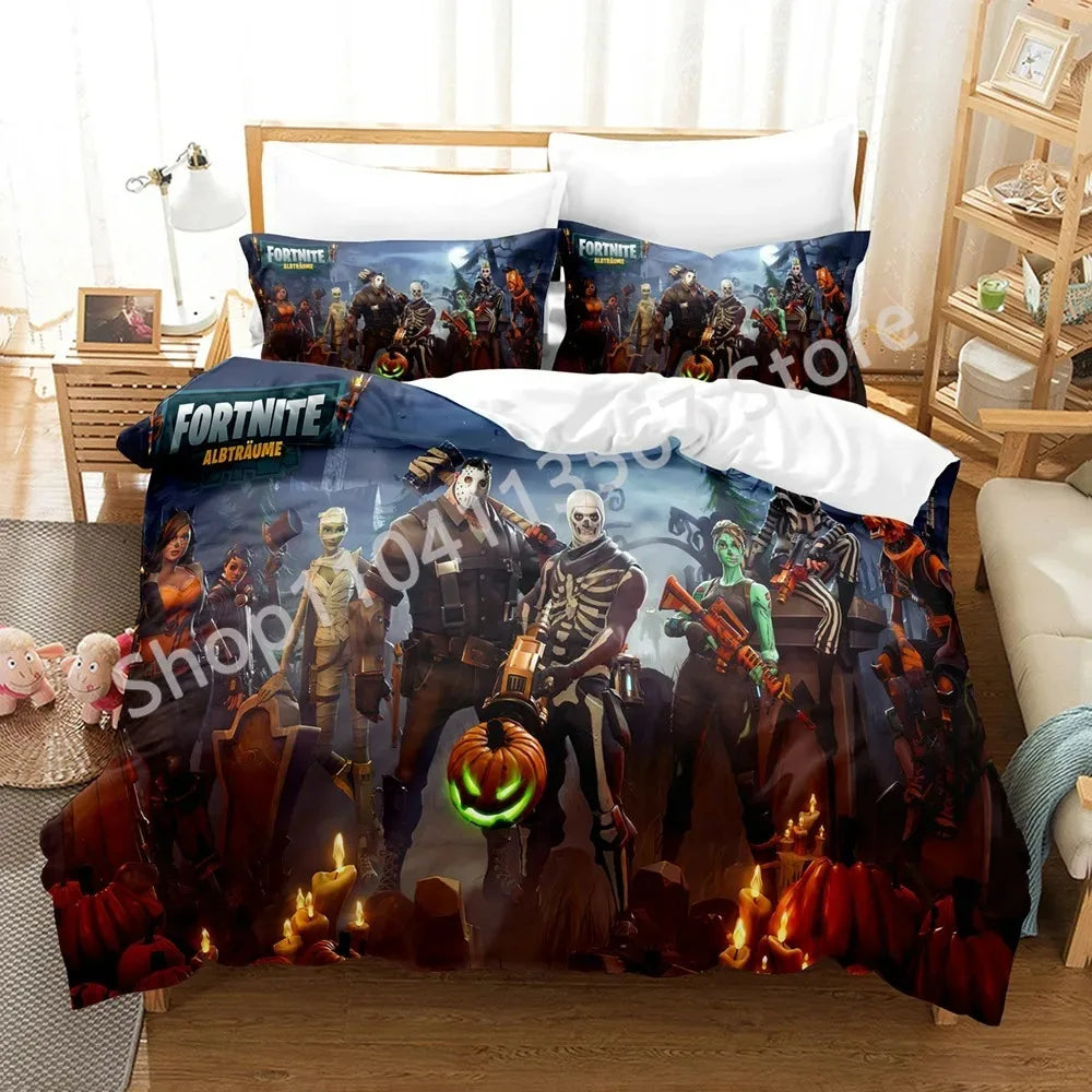 F-Fortnite 3PCS Bedding Set Battle Royale Kids Duvet Cover Quilt Pillowcase Double Size Victory Game Bedroom Linen Decoration