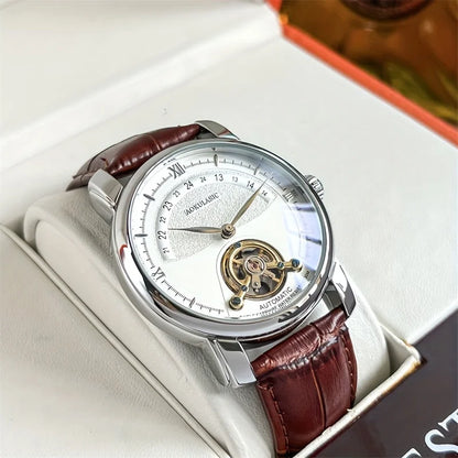 Mechanische Automatikuhr für Herren – Elegantes Ajour-Design, trendiger „Business-Casual“-Stil, Gehäuse aus Metalllegierung und Lederarmband, batterielos