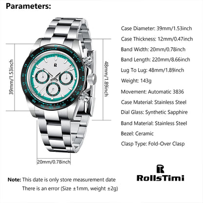 RollsTimi Herrenuhren – luxuriöse mechanische Herrenuhr mit Saphirglas, Kalender, Wochentagsanzeige, Edelstahl und Wasserschutz