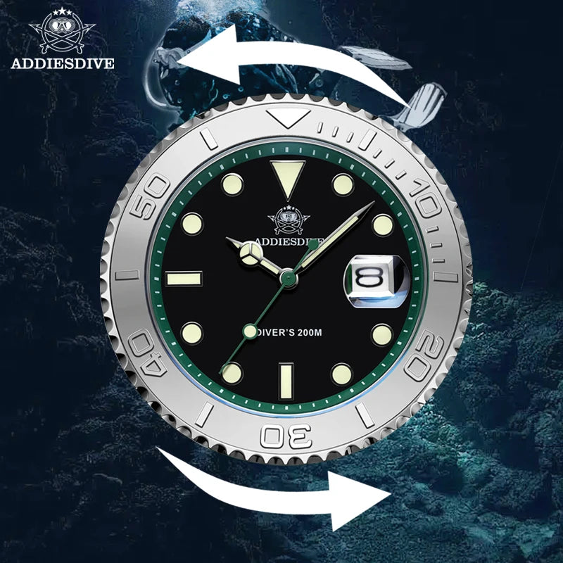 ADDIESDIVE Luxury Men's Diver Steel Watch 200m Waterproof Ceramic Bezel Analog Watch BGW9 Luminous Business Quartz Watch AD2040