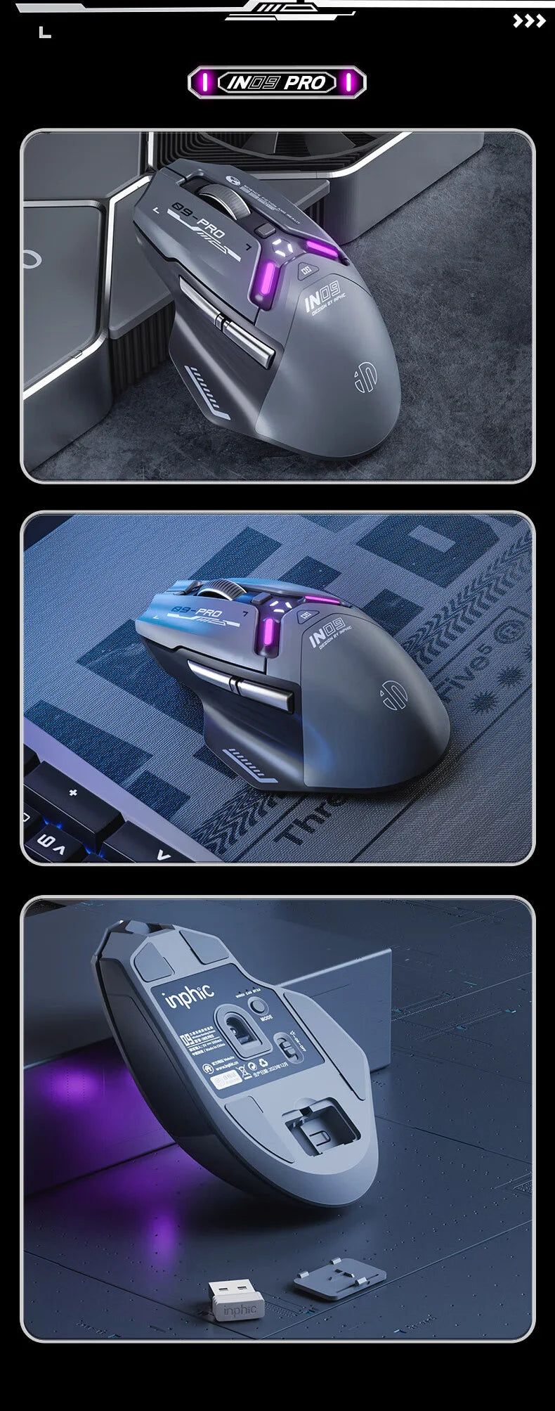 Ratón gaming inalámbrico Inphic IN9PRO 26000DPI, tasa de sondeo 8K, Bluetooth 5.0, con cable, 2.4G, trimodo, RGB, ergonómico
