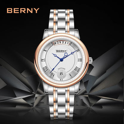 BERNY Women Watch Ladies Quartz Roman Numerals Day Top Calendar Watches Sapphire Glass Solid Steel Strap Women Wristwatch