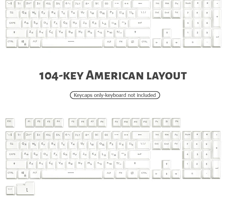 104 Tasten Koreanische, französische, russische, spanische und deutsche hintergrundbeleuchtete Tastenkappen für mechanische Tastaturen mit MX-Switches, OEM-Profil, ABS-Keycaps, DIY