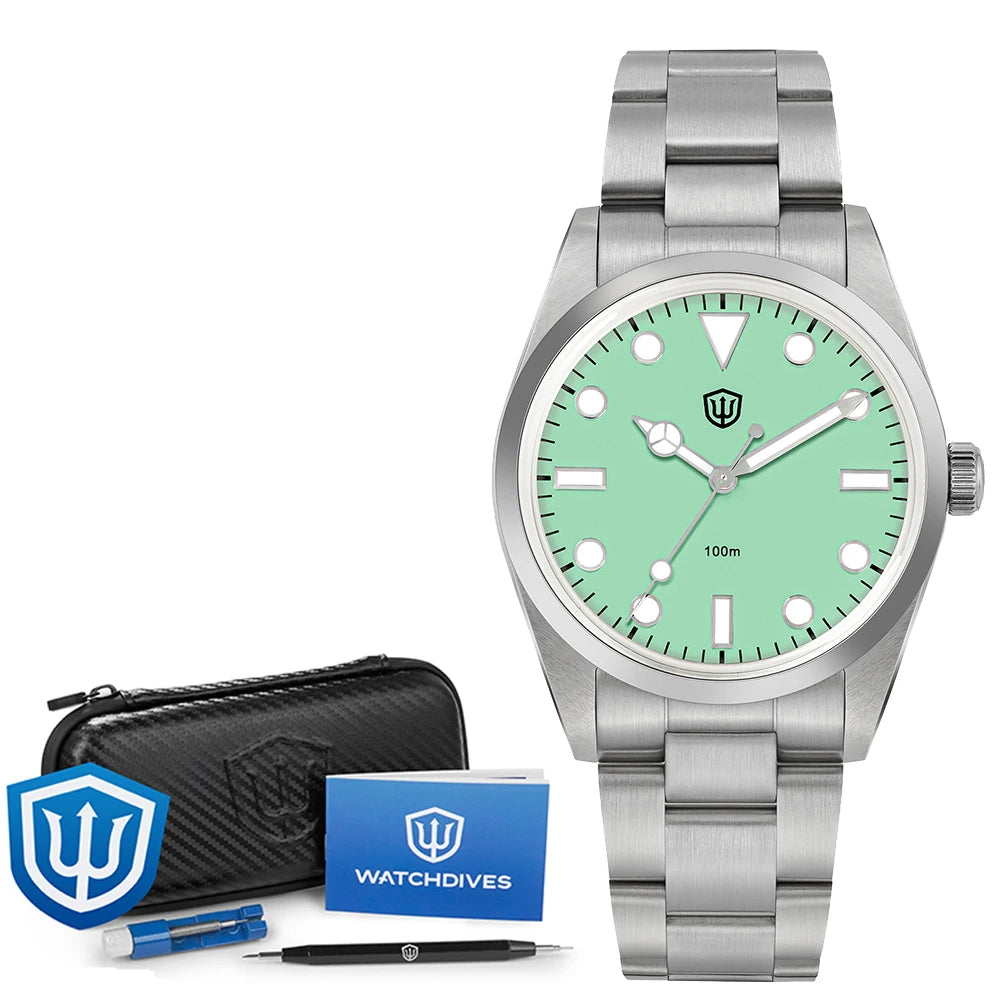 Relógio Watchdives WD1016 V3 37mm com movimento VH31 Sweep em aço inoxidável, safira de luxo, impermeável 100m, relógio para homem com caixa de oferta